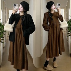 추동 프렌치 빈티지 코듀로이 원피스+나른 바람 니트 가디건 임산부 세트