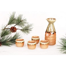 Hinomaru Collection Reactive Glaze 사케 세트 톡쿠리 295.7ml10온스 병 오초코 컵 4개 포함 59.1ml2온스 드링크웨어 브라운 그린, 1개