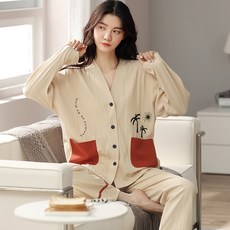 잠옷 여성 니트 면화 만화 귀여운 소녀 카디건 긴팔 정장은 집에서 옷을 입을 수 있습니다
