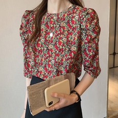 디에프 피델 플라워 블라우스 라운드넥 데일리 여름블라우스