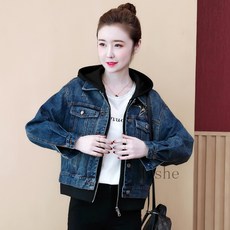 [Myshe] 여성 봄가을 트렌드 청자켓 루즈핏 후드 데님자켓 Seven618FEI618WT04