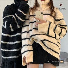 혼자 클래식 KINT 캐쥬얼 두꺼운 보온 목폴라 스트라이프 단가라 2색깔