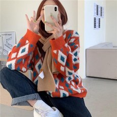 요즘힙한 모델한혜진 레트로 다이아패턴 박시 스웨터 여성니트 여자니트 완소템 오피스룩