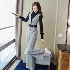 점프수트 모직 멜빵바지 누이 세트포장 가을겨울 2019뉴스타일 위아래연결된 툭떨어지는 와이드팬츠 세련된스타일 투피스