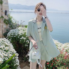 여성 반팔 정장 세트 얇은 여름 정장 코트 반바지 투피스