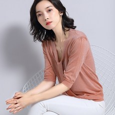 너와나(Nowana) 브이넥반팔니트 에어매쉬 니트셔츠 여성 여름 얇은 와이드 루즈핏 선명한 레이스 숏 얼음 린넨 이너티셔츠