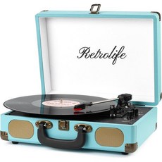 Retrolife 스피커 레코드 3단 블루투스 여행 가방 휴대용 비닐 벨트 RCA 라인 아웃 빈티지 턴테이블 블루, Blue, Blue