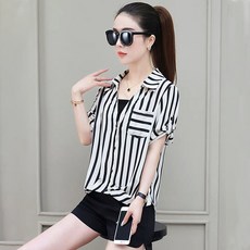 여름 블라우스 우아한 여자 반팔 쉬폰 셔츠 가짜 투피스 스트라이프 탑