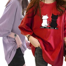 엘레스 여성반팔티 여성티셔츠 레드+보라 2장 박시핏 반팔 티셔츠