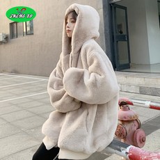 SHENGBO루즈핏 후드 페이크퍼 자켓 밍크코트 토끼털 점퍼S0020901