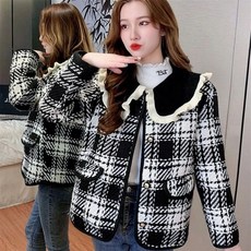 besteffie 트위드 자켓 여성용 클래식 울 트위드 카라넥 체크 무늬 박시 트렌드 아우터 E968