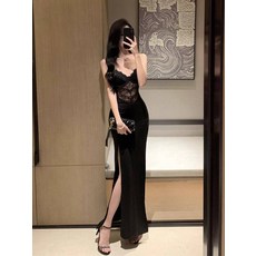 일본식 블랙 레이스 슬립 여성스러운 머메이드 스타일 이브닝 드레스 트임 랩 롱 드레스