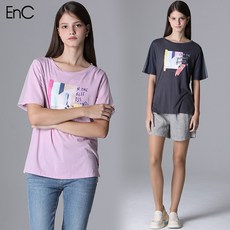 [이엔씨] [EnC] 쉬폰 소매 프린트 반팔 티셔츠