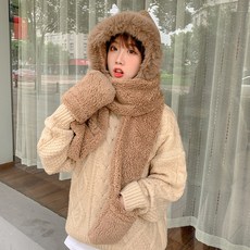 110636 모자 머플러 장갑 올인원 귀여운 플러시 스카프 원피스 귀 보호 따뜻한 장갑 3 피스 정장 라운드 얼굴
