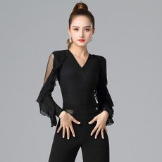 성인 스포츠 댄스 의상 점프슈트 밸리 라틴 댄스복 라틴댄스 여자 팬츠 옷 일체형, 브이넥 프릴 소매 점프슈트(블랙)
