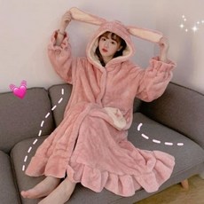 토끼 후드 극세사 수면 원피스 잠옷 가운 홈웨어