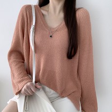 디어썸띵 데일리 여리핏 로즈 브이넥 루즈핏 시스루 그물니트