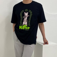 모우라 남여공용 홈웨어 오버핏 고양이 프린팅 반팔티셔츠 1color