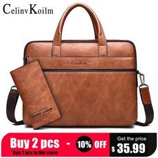 Celinv Koilm 남자 서류 가방 14 "노트북 비즈니스 가방 2Pcs 세트 핸드백 가죽 사무실 어깨 가방 토트 백|서류 가방|