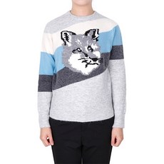 MAISON KITSUNE 메종키츠네 19FW 그레이 블루 폭스 헤드 다이애그널 스트라이프 스웨터 DW00526..