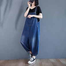 비니달려 4QRSFZVA 여성 빅사이즈 봄 가을 루즈핏 패션 점프수트 멜빵바지 와이드 팬츠 청바지