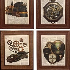[로망직구] 유화액자 4 인쇄 세트 Steampunk 자동차 기차 CD 플레이어 시간 조각 사전 책 페이지 작품 인쇄 그림 포스터 홈 오피스 침실 보육 부엌 벽 장식-프레임이없는 인테리어액자