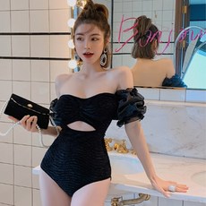 바디프로필 스퀘어넥 프릴 반팔 오프숄더 뒷트임 벨벳 모노키니 호텔 호캉스 수영복 개인화보촬영 바프, 미디엄