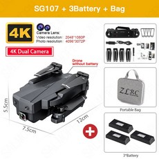 드론 액세서리 SGRC-SG107 Pro 드론 4K 전문 ESC HD 카메라 GPS 와이파이 FPV 1.2KM 거리 브러시리스 모터 자동 리턴 Rc 쿼드콥터, 04 Dual Cam 4K 3B Bag