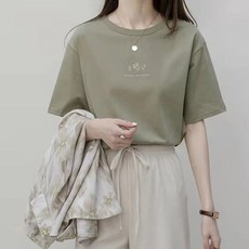 세일 그리쉬코티셔츠 인기 아이템 상위 8 4 여성용 기본 루즈 빈티지 캐주얼 반팔 상의 및 여름 티셔츠 여성 라운드넥 식물 프린트 단색 베이스 셔츠 의류