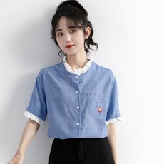 여름 여성 레이스 러플 보이핏 볼륨 디자인 감각 반팔 와이셔츠