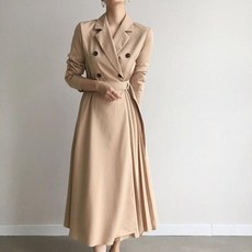 여성 카라넥 더블 단추 플리츠 트렌치 롱 긴팔 원피스