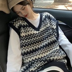 안나리야 스트라이프 민소매 스웨터 풀오버 패턴 니트 조끼 YJ