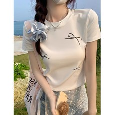 여성 라운드 심플한 리본 반팔 티셔츠