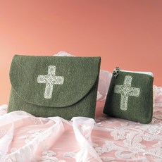 글라라미사보 레이스십자가 묵주/미사보주머니(카키), 묵주주머니(카키)