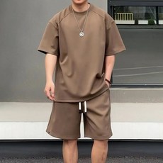 여름 배색 반팔 반바지 투피스 세트 캐주얼 운동룩 심플 트레이닝복 남성 커플용 오버핏