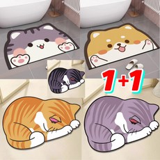 1+1 귀여운 빨아쓰는 규조토 발매트 논슬립 소프트 욕실발매트, 고양이-퍼플그레이, 캐릭터고양이