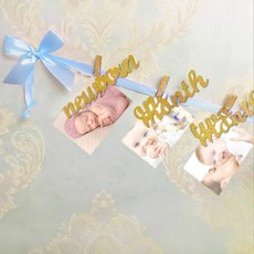 신생아 ~ 12 개월 사진 배너 아기 성장 기록 화환 첫 생일 파티 장식 (블루 및 골드)