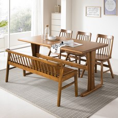라로퍼니처 킹 1650 순수 원목 6인 식탁 세트 (식탁+의자3+벤치1), 식탁+의자3+벤치1