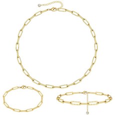 Turandoss 여성를 골드 종이 클립 링크 체인 목걸이 팔찌 세 16”+2” Chain&7” Bracelet&8.5"+2" Anklet