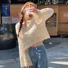 메이킹유 여름스웨터 오픈카라넥 그물 시스루 크롭 루즈핏 A1700에소포니트