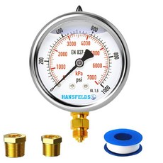 Hansfelds 0-100psi 액체 충전 압력 게이지 6.4cm2.5인치 다이얼 페이스 0.6cm1/4인치 NPT 하단 마운트 스테인리스 스틸 케이스 워터 오일 가스 미디, 액체 충전 하단 마운트 10.2cm(4인치) 다이얼, 1개