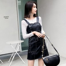 여성 가을 인싸템 민소매 숏 멜빵 인조가죽 허리보정 슬림핏
