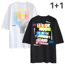 2PACK 구성 5부 오버핏 반팔티 잇츠오케이 네온그래픽 남녀공용 프린트 티셔츠