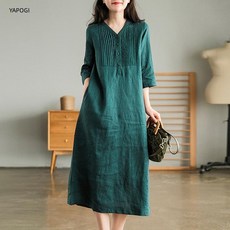 YAPOGI 7부 소매 여성 롱 원피스 빅사이즈 루즈핏 브이넥 린넨E24Y112