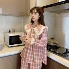 여성 긴팔 레이스 파자마세트 잠옷 체크 바지세트