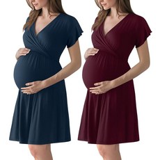 Neer 2팩 3 in 1 노동 배달 병원 가운 여성용 임산부 드레스 로브 수유 나이트가운 모유 수유용 잠옷 다크 블루 마룬