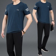 주식회사 어퍼스팟 여름트레이닝복세트 중년 남성 아빠룩 실얼음 라운드반팔티 긴바지 러닝 투수영복 운동복