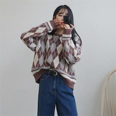 모노위크 루즈핏 아가일 라운드 니트