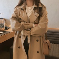 빅 야드 봄가을 카키브라운 트렌치코트 여성 미드 롱 캐쥬얼 작은