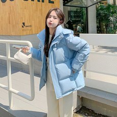 여성숏패딩 오리털 후드패딩 커플 아이템, XL 라이트 밀크 블루, 1개